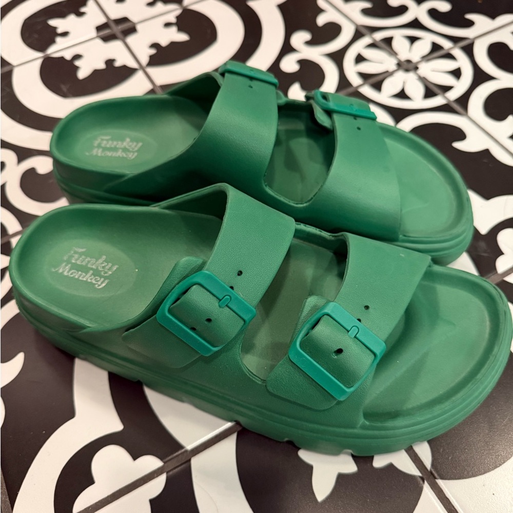 Green Slide Sandals with Adjustable Buckles